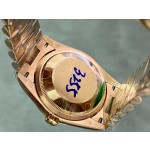 Sunday date display series women's watch with diamond-set dial, rose gold bezel, 36mm case, and rose gold President-style bracelet.